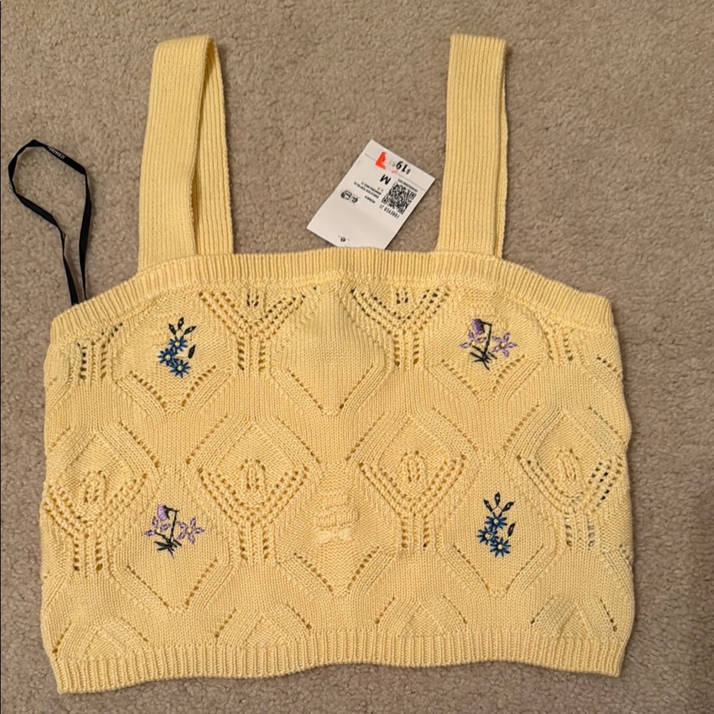 Yellow Knit Crop Top with Floral Embroidery